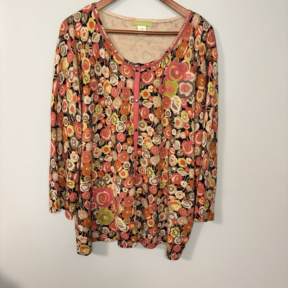 Sigrid‎ Olsen Floral Embroidered Cardigan Size 3x Silk Blend Knit Snaps
